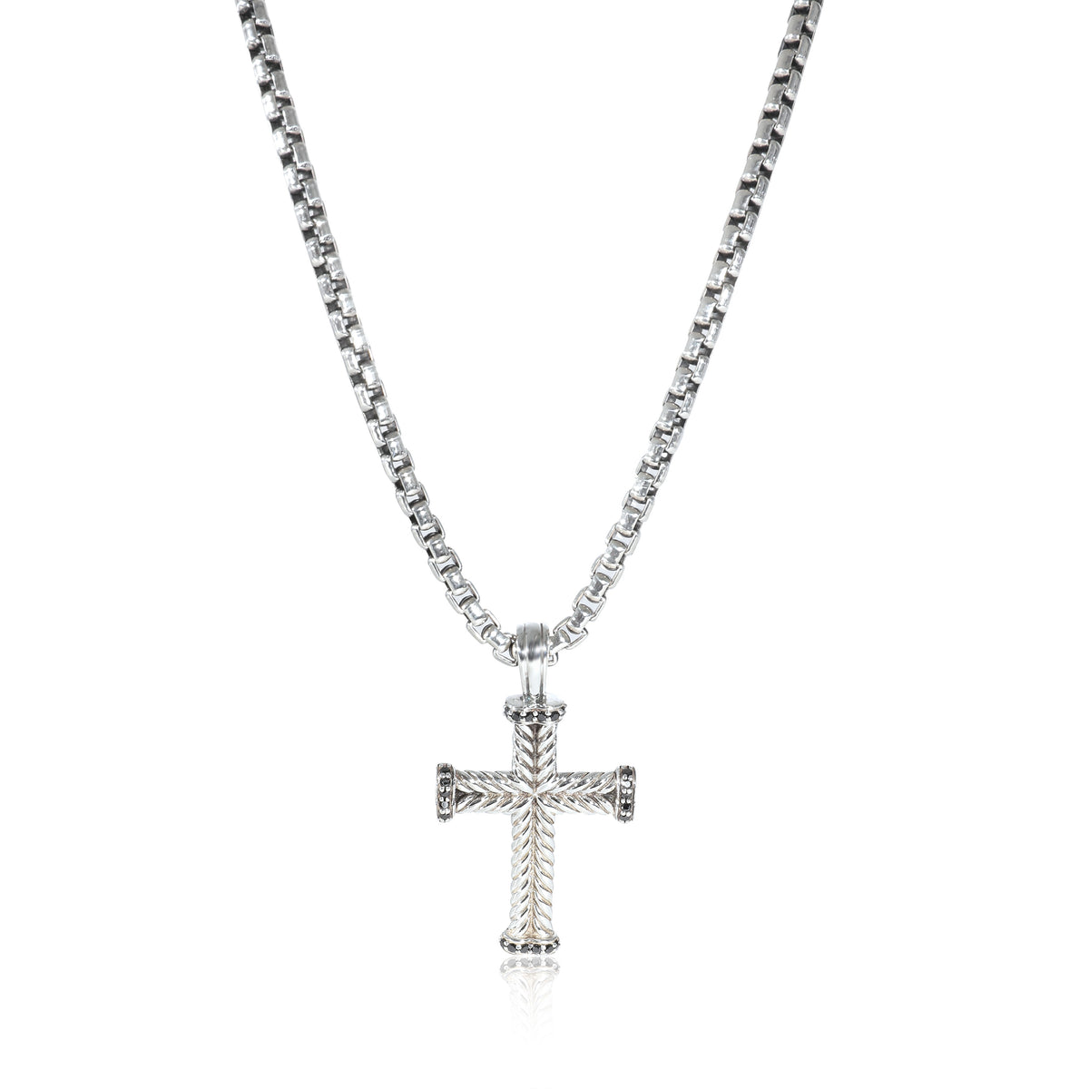 David Yurman Chevron Cross Pendant & Box Chain in Sterling Silver 0.17 CTW