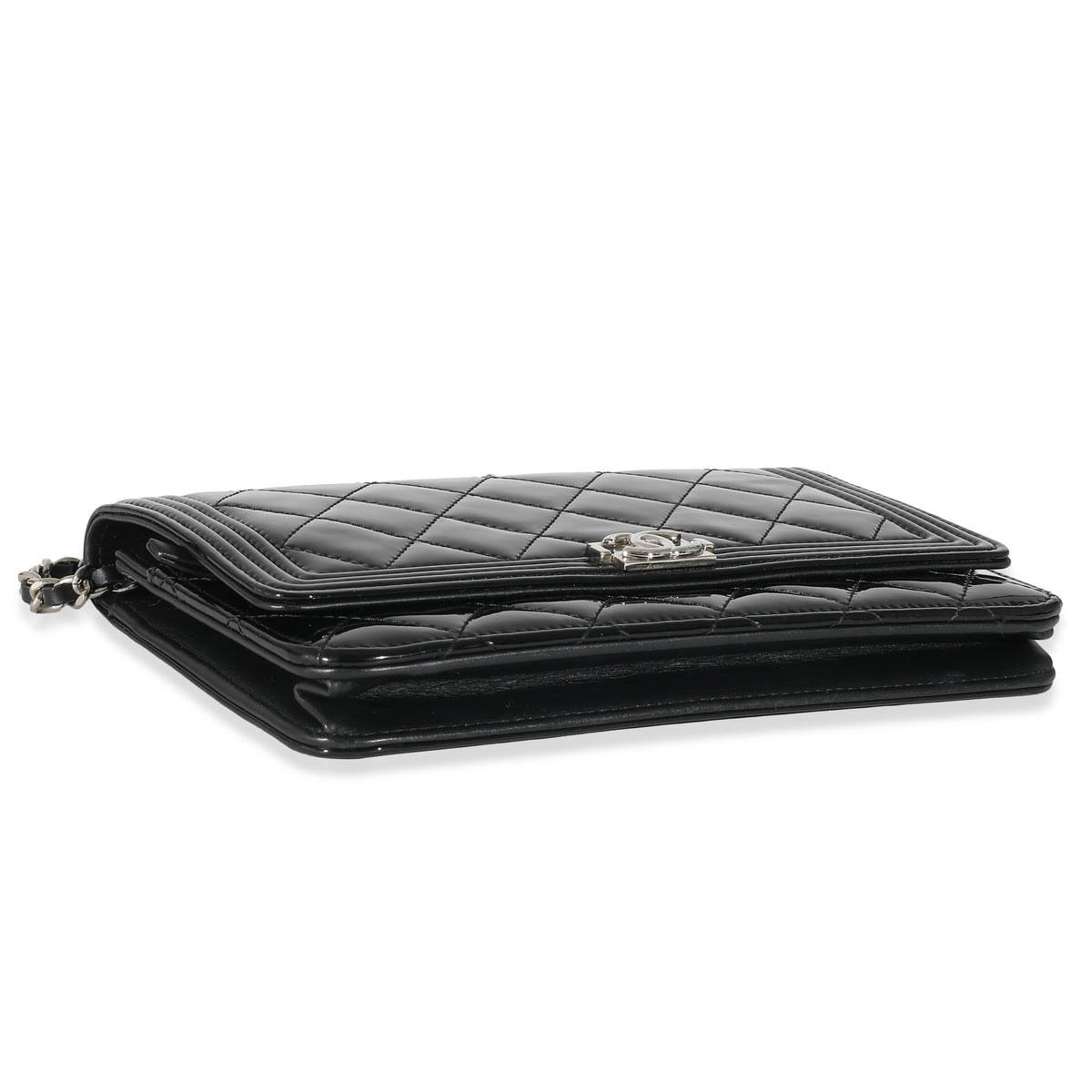 Chanel Black Quilted Patent Boy Wallet On Chain