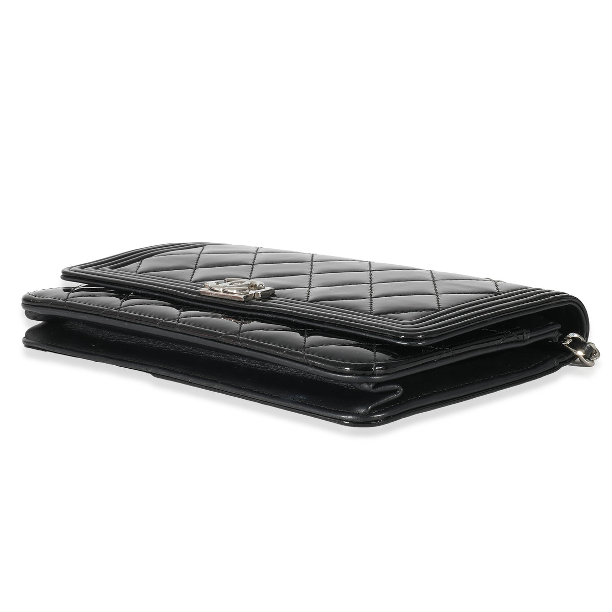 Chanel Black Quilted Patent Boy Wallet On Chain