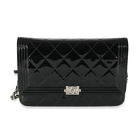 Chanel Black Quilted Patent Boy Wallet On Chain