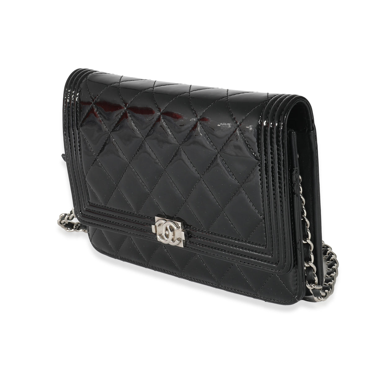 Chanel Black Quilted Patent Boy Wallet On Chain