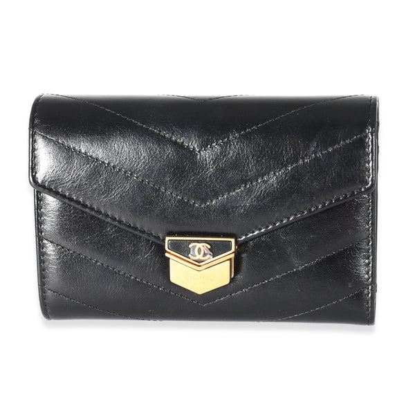 Chanel 18A Black Chevron Calfskin Small Medal Wallet