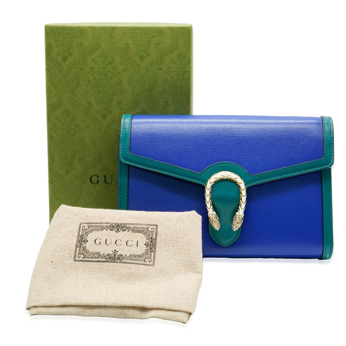 Gucci Green & Blue Textured Calfskin Dionysus Chain Wallet