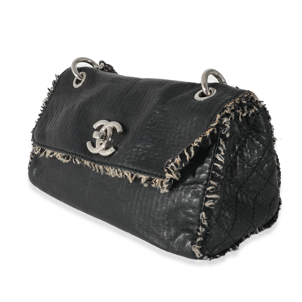 Chanel Black Leather Tweed Fringe CC Flap Bag