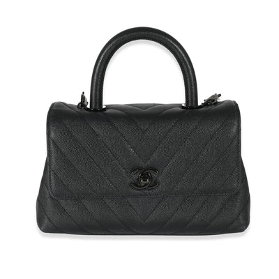 Chanel Black Chevron Caviar Mini Coco Top Handle Bag