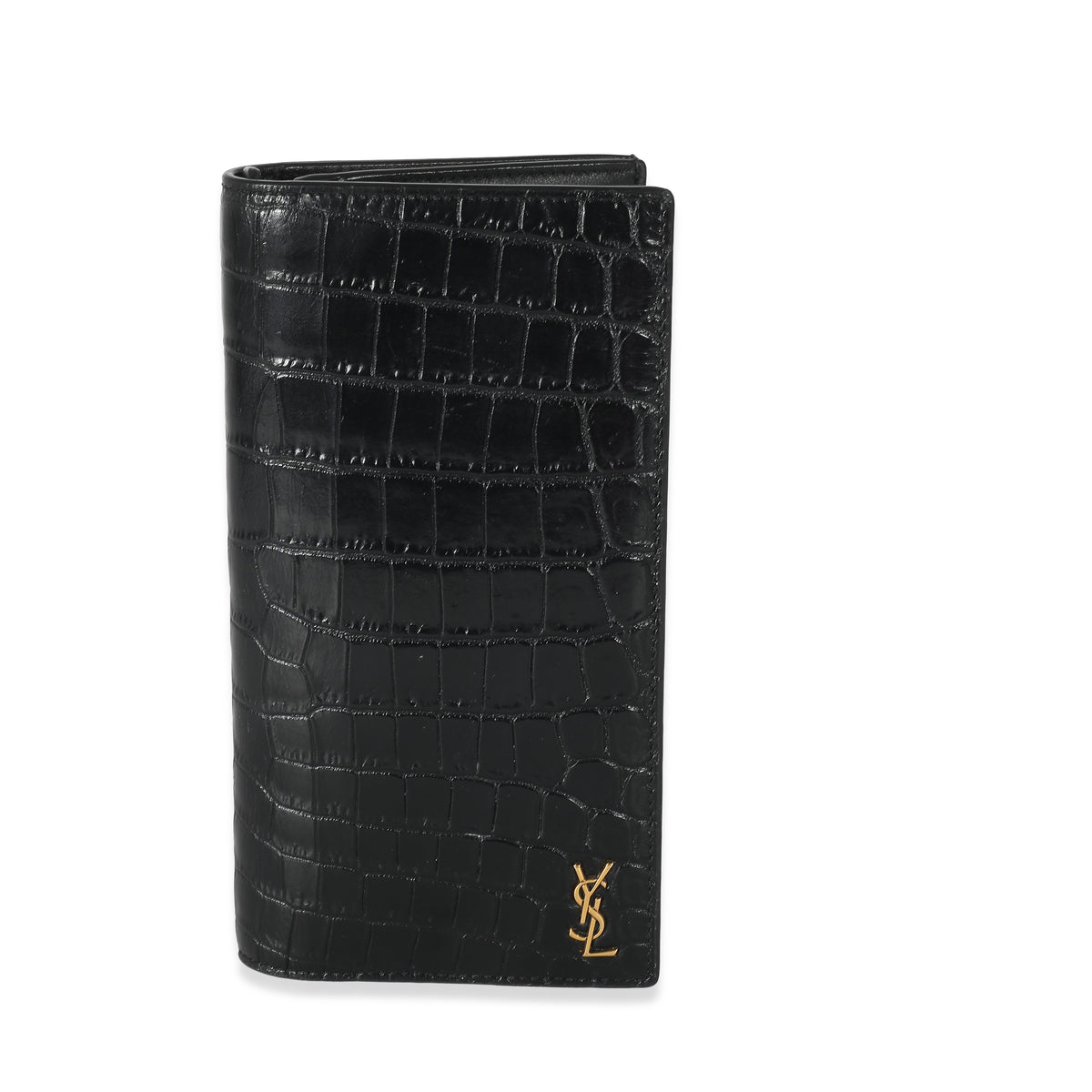 Saint Laurent Black Croc Embossed Leather Tiny Cassandre Long Wallet