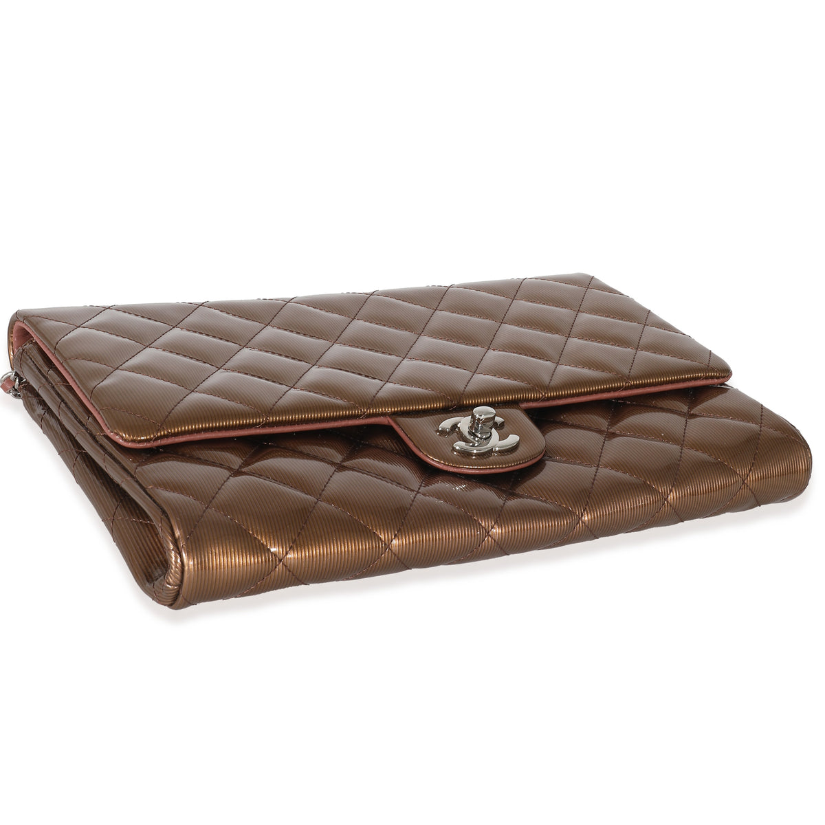 Chanel Bronze Patent Striated Jumbo Clutch On Chain