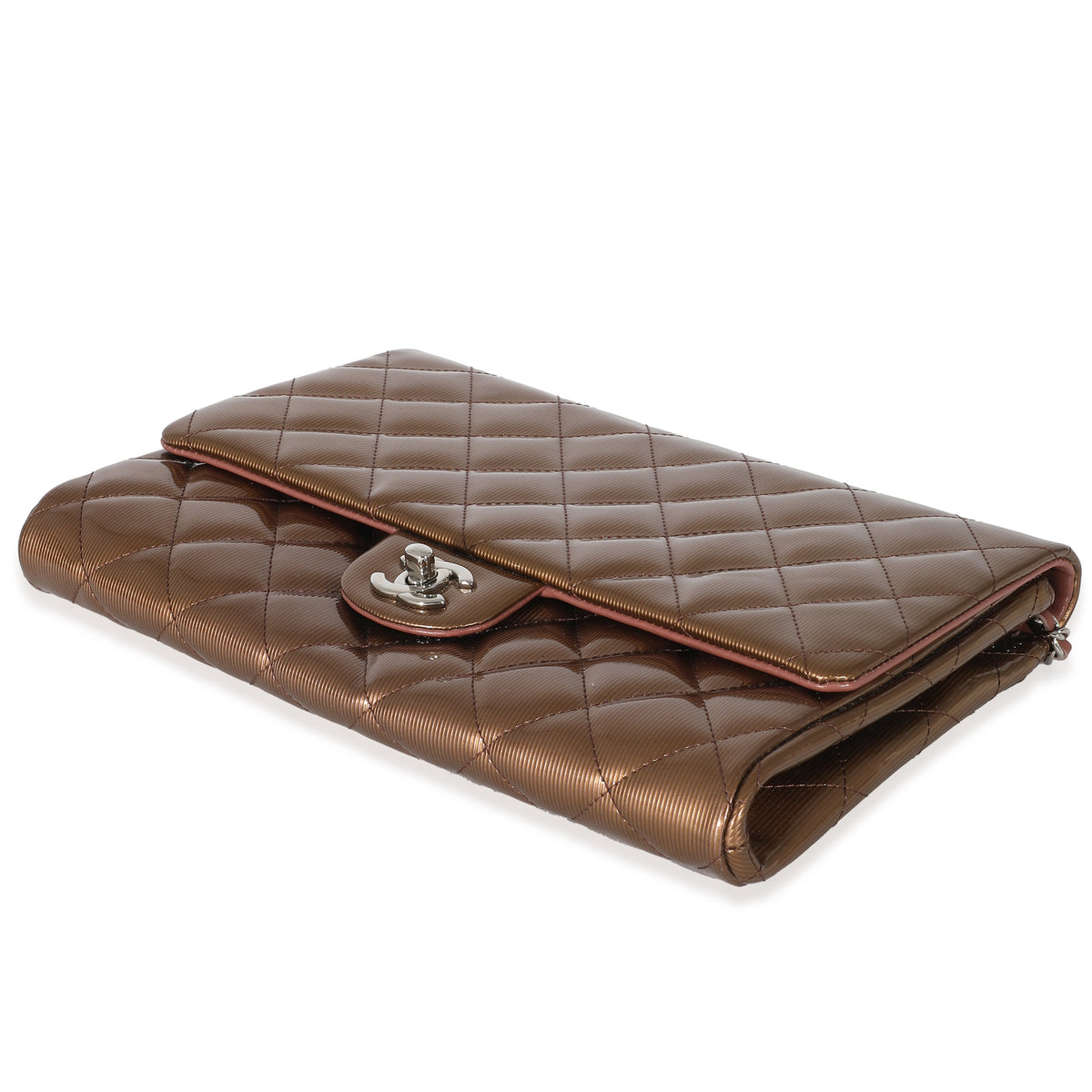 Chanel Bronze Patent Striated Jumbo Clutch On Chain