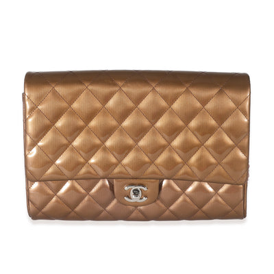 Chanel Bronze Patent Striated Jumbo Clutch On Chain