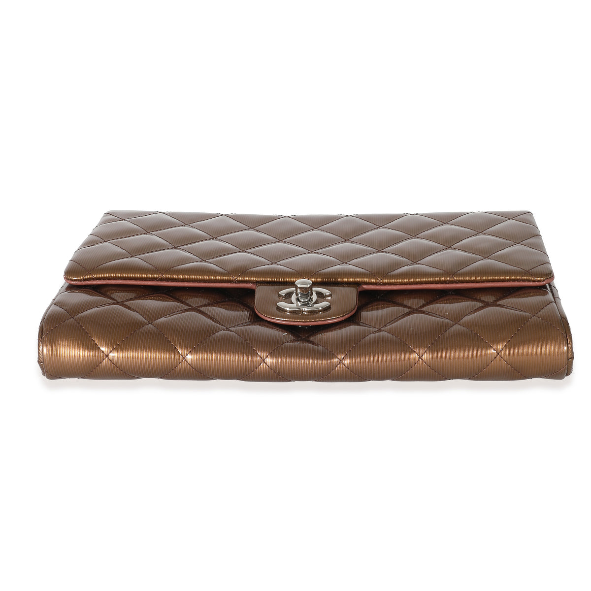 Chanel Bronze Patent Striated Jumbo Clutch On Chain