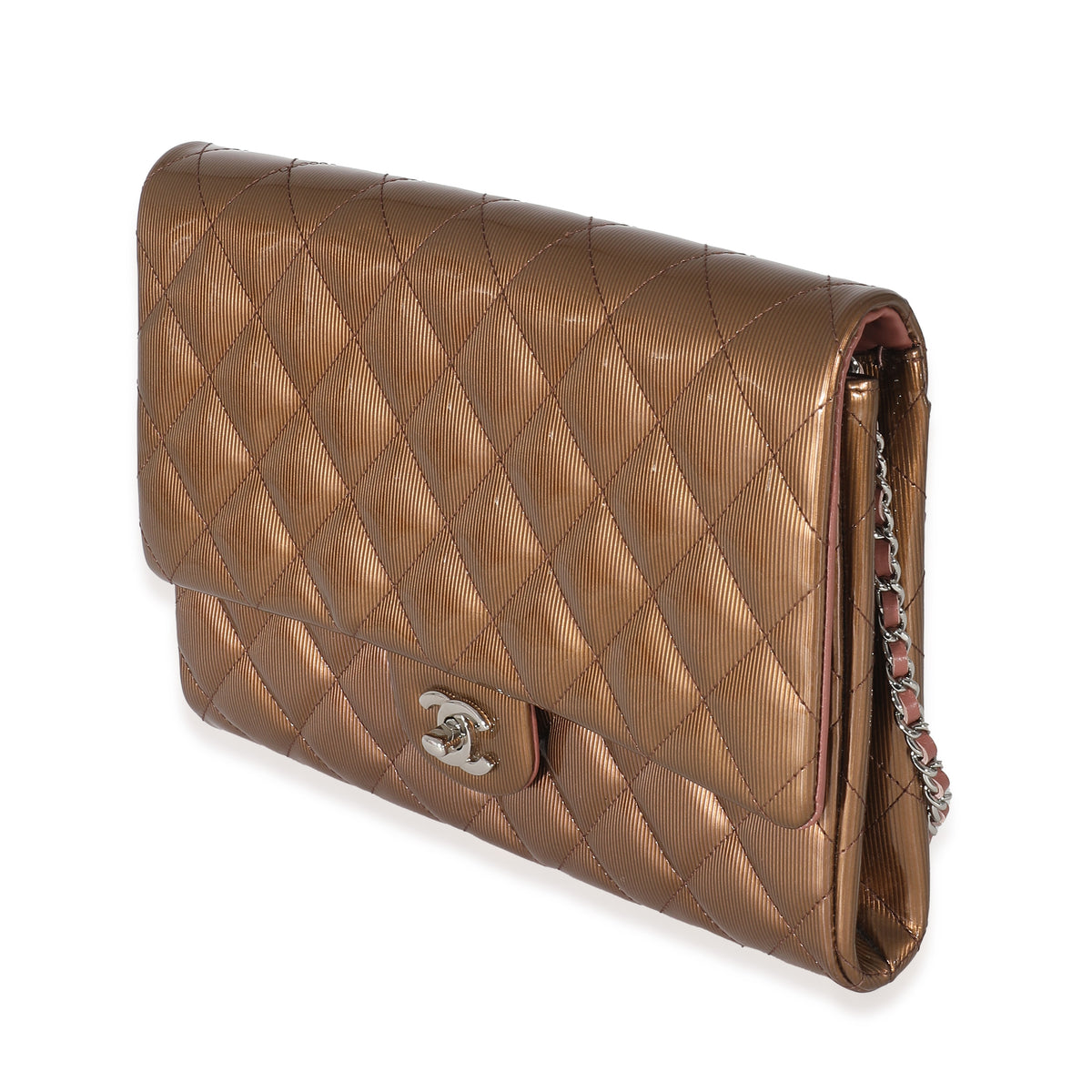 Chanel Bronze Patent Striated Jumbo Clutch On Chain