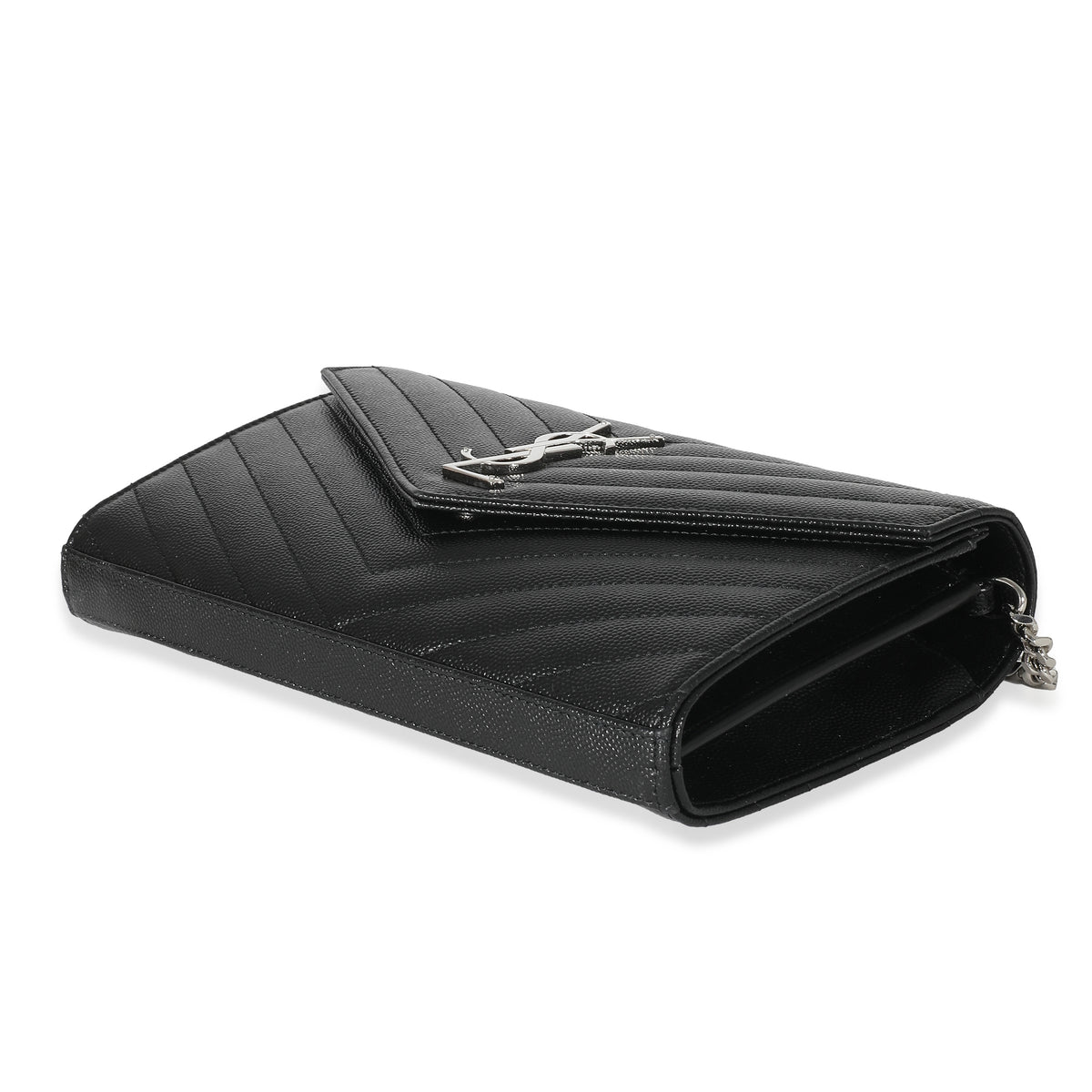 Saint Laurent Black Grain De Poudre Cassandre Envelope Chain Wallet