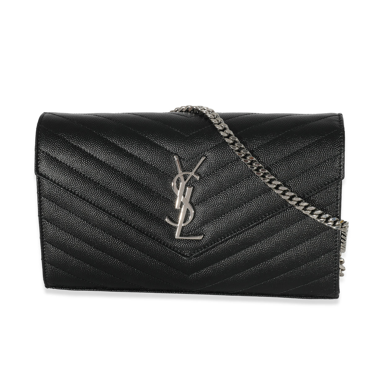 Saint Laurent Black Grain De Poudre Cassandre Envelope Chain Wallet