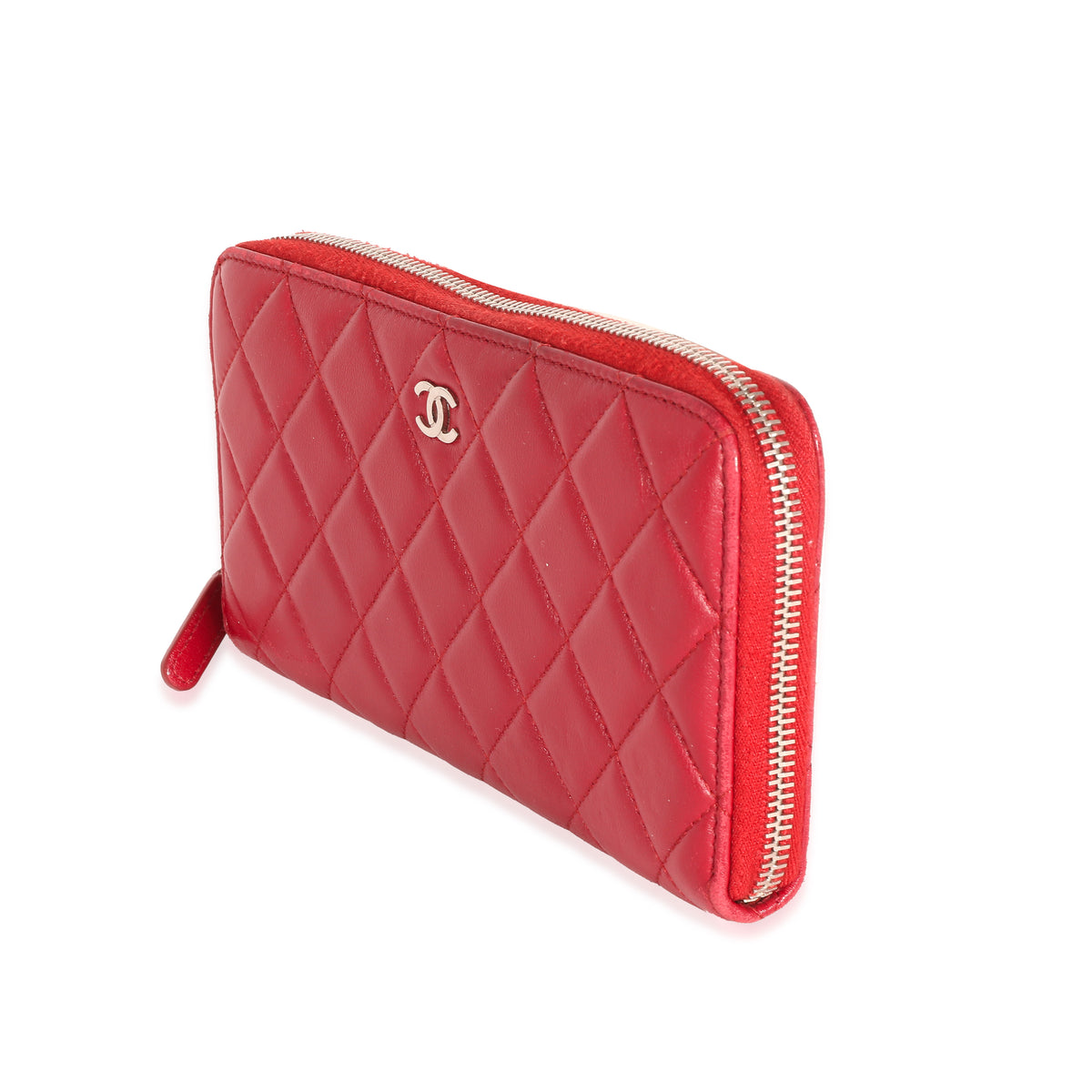 Chanel Red Quilted Lambskin Zip Around Wallet