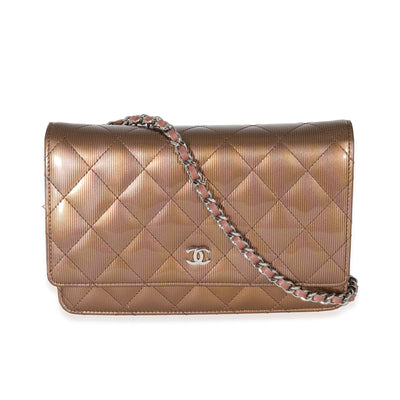 Chanel Bronze Metallic Quilted Patent Striated Wallet On Chain