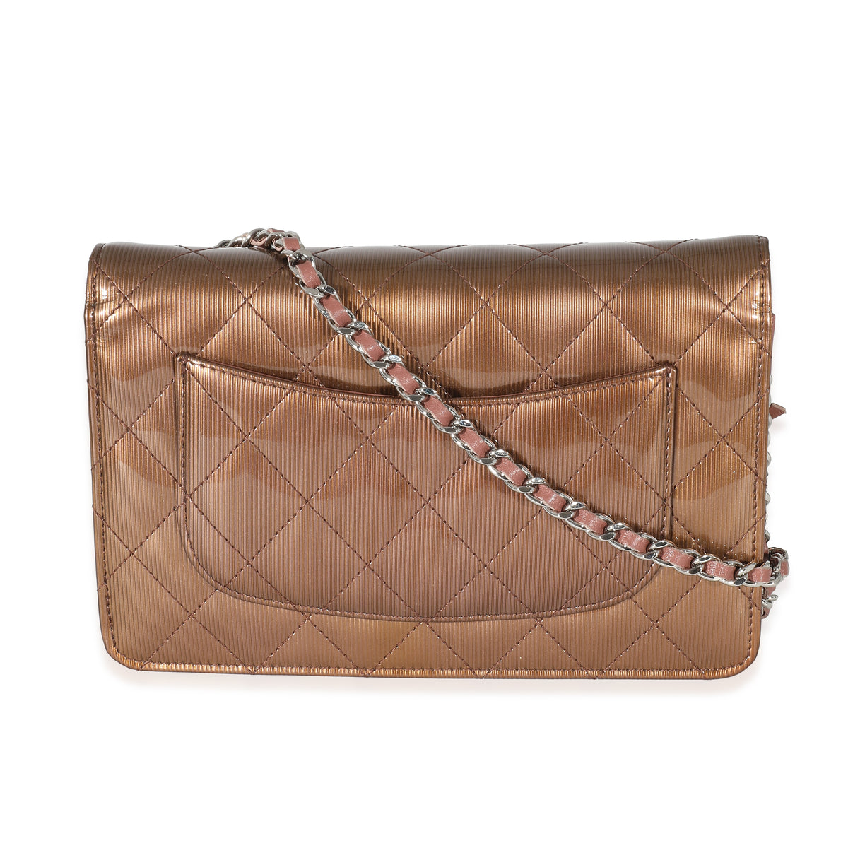 Chanel Bronze Metallic Quilted Patent Striated Wallet On Chain