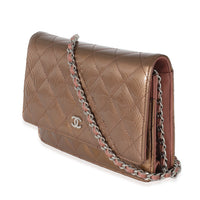 Chanel Bronze Metallic Quilted Patent Striated Wallet On Chain