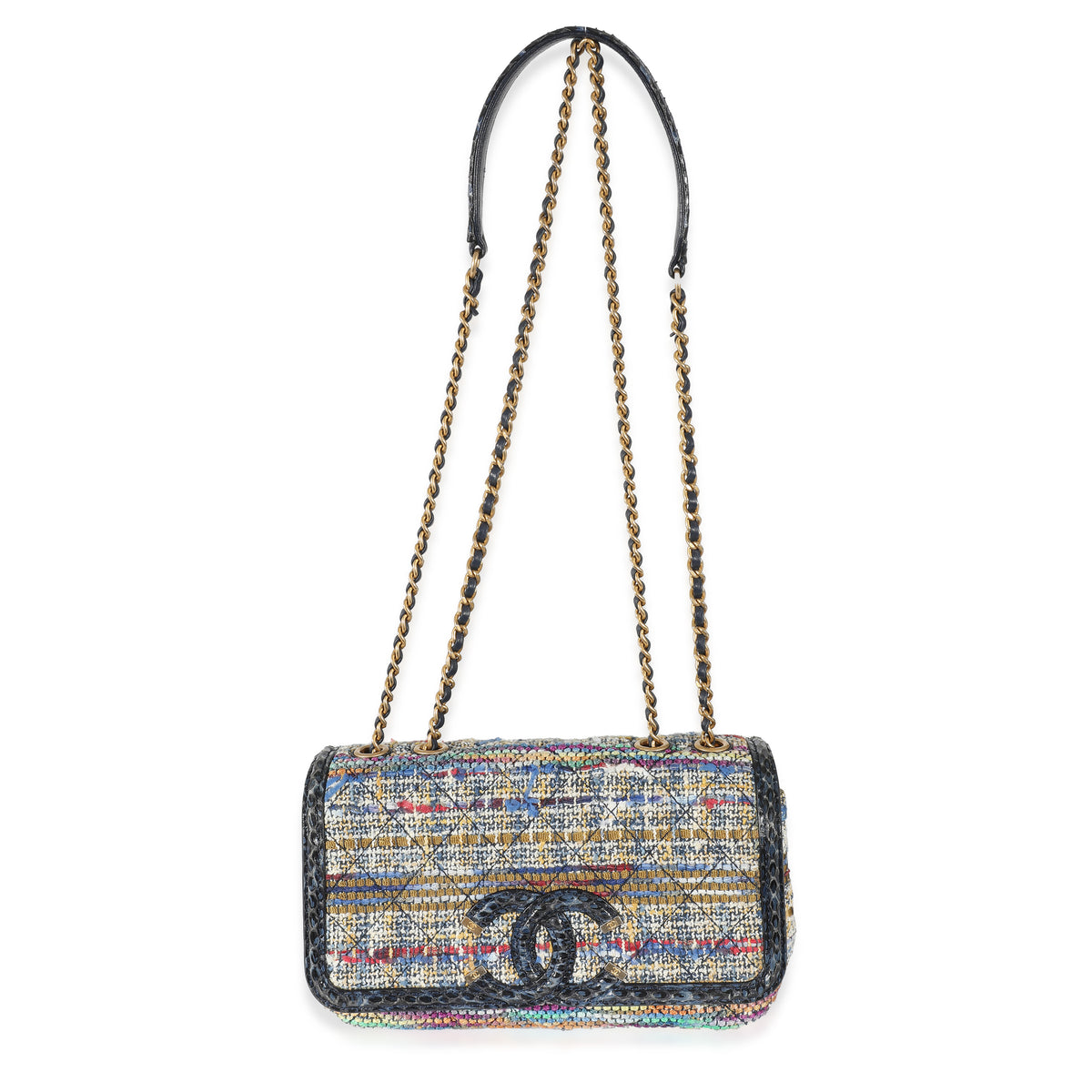 Chanel Multicolour Tweed Navy Python Small Filigree Flap Bag