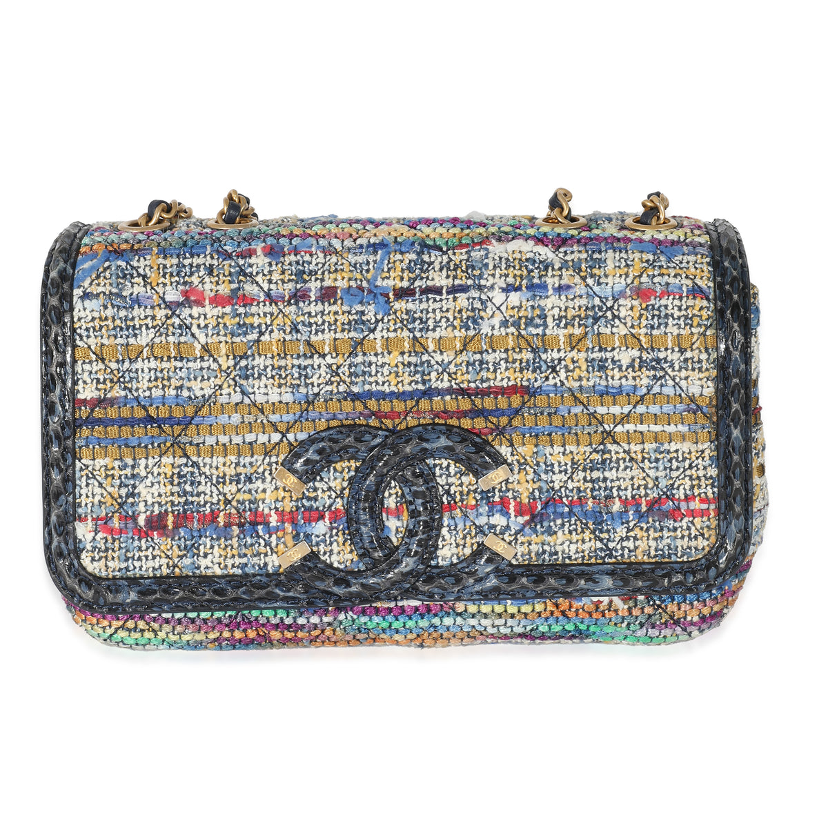 Chanel Multicolour Tweed Navy Python Small Filigree Flap Bag