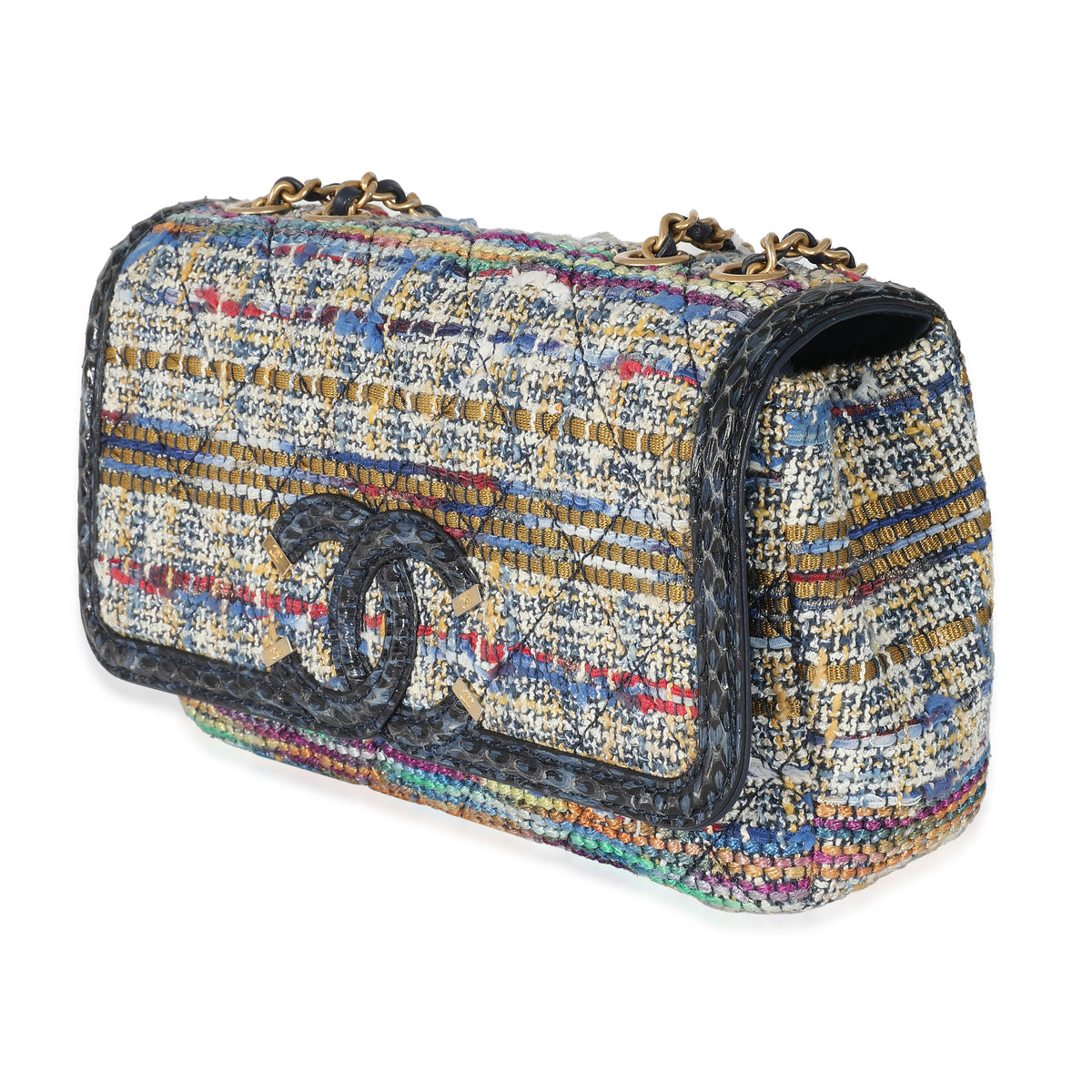 Chanel Multicolour Tweed Navy Python Small Filigree Flap Bag