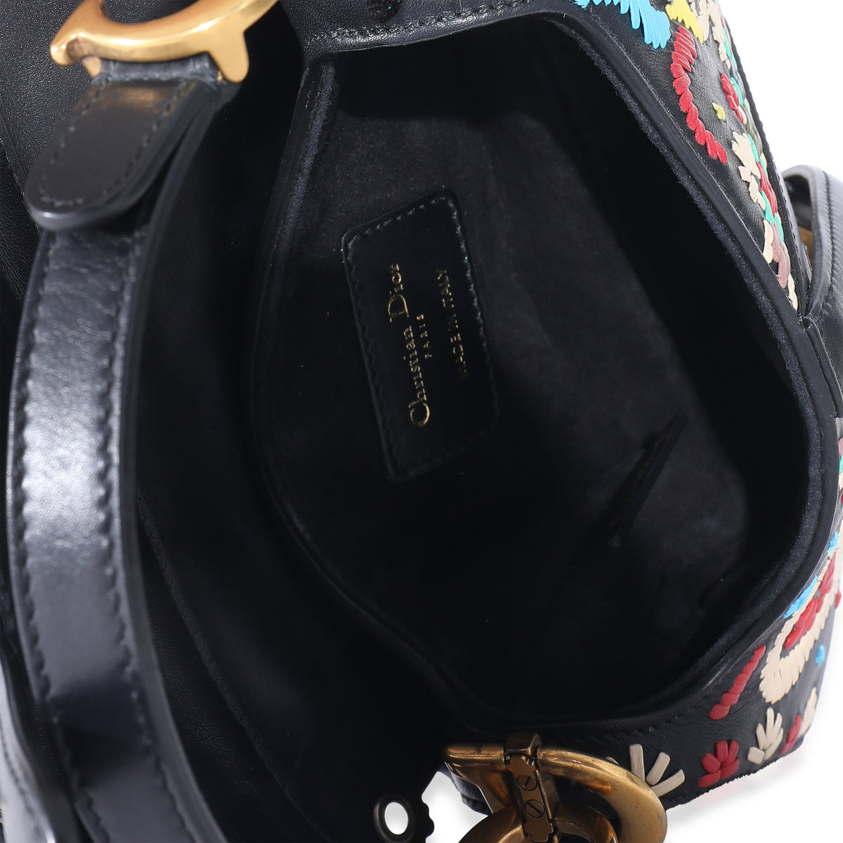 Christian Dior Black Multicolor Embroidered Mini Saddle Bag