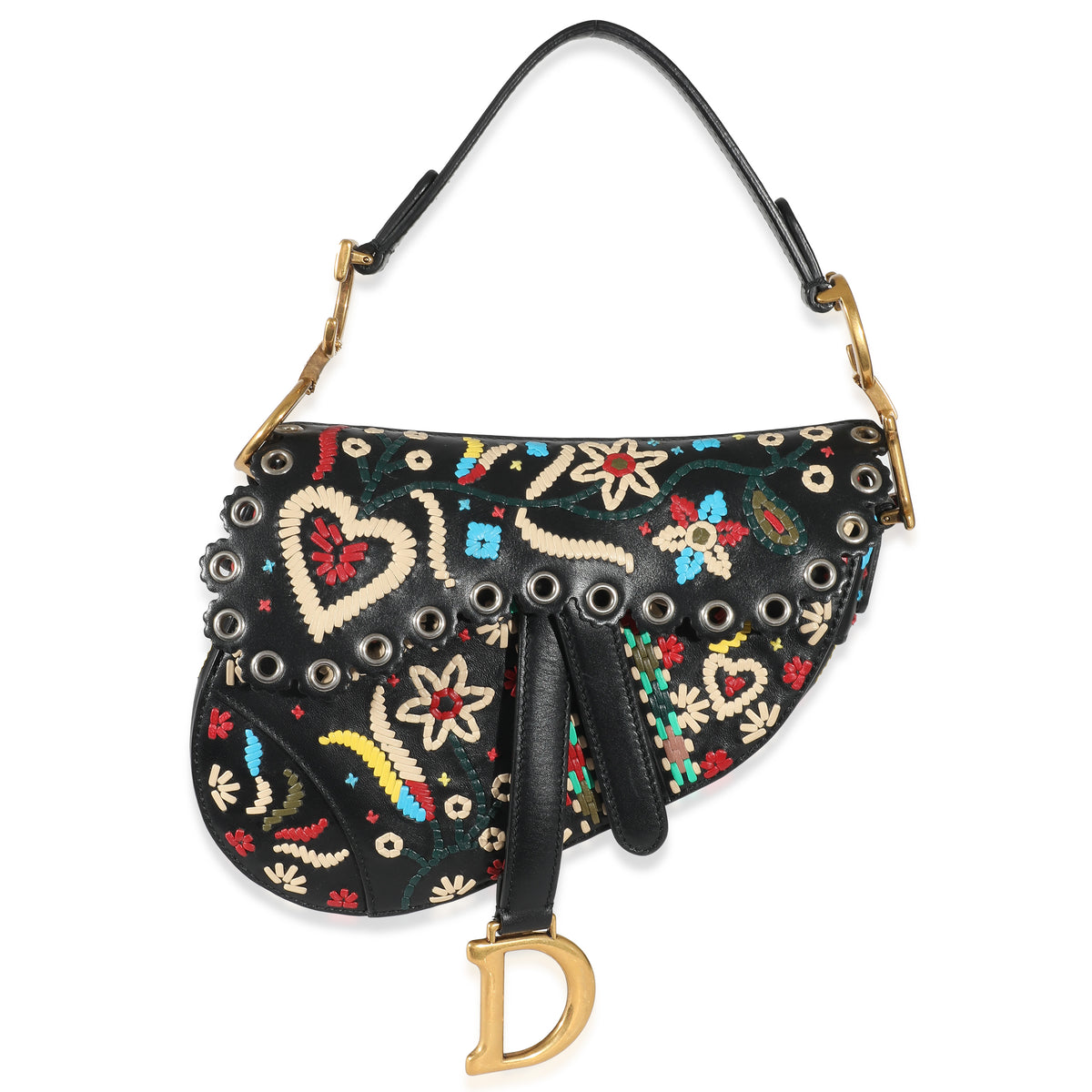 Christian Dior Black Multicolor Embroidered Mini Saddle Bag
