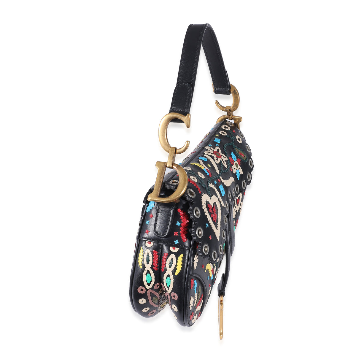 Christian Dior Black Multicolor Embroidered Mini Saddle Bag
