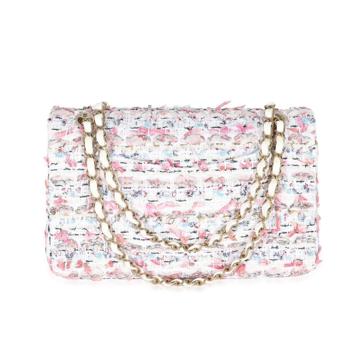 Chanel 23C White & Pink Multicolor Tweed Medium Classic Double Flap Bag