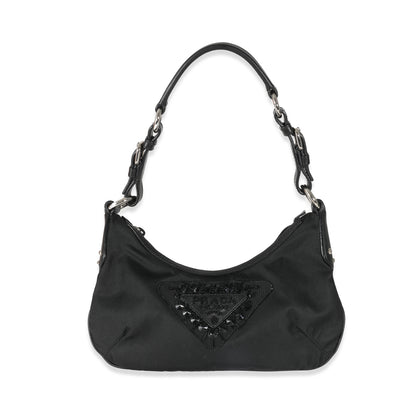 Prada Black Nylon Beaded Logo Pochette