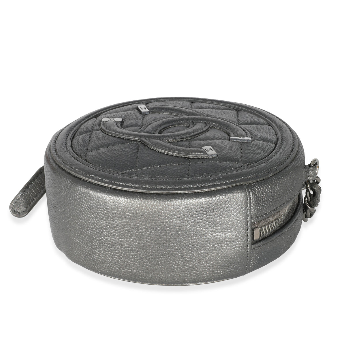 Chanel Grey Metallic Quilted Caviar Round Filigree Clutch