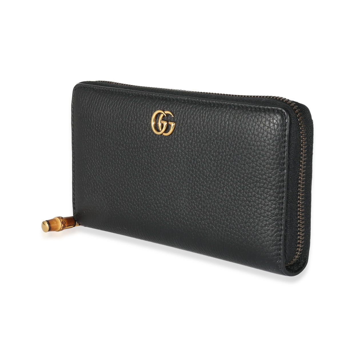 Gucci Black Leather Bamboo Zip Around Wallet