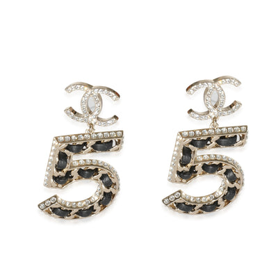 Chanel 2023 No5 Leather & Strass Drop Gold Tone Earrings