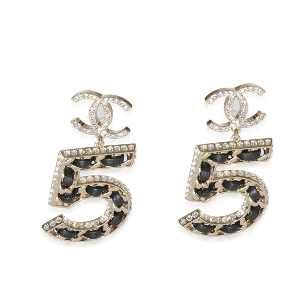 Chanel 2023 No5 Leather & Strass Drop Gold Tone Earrings