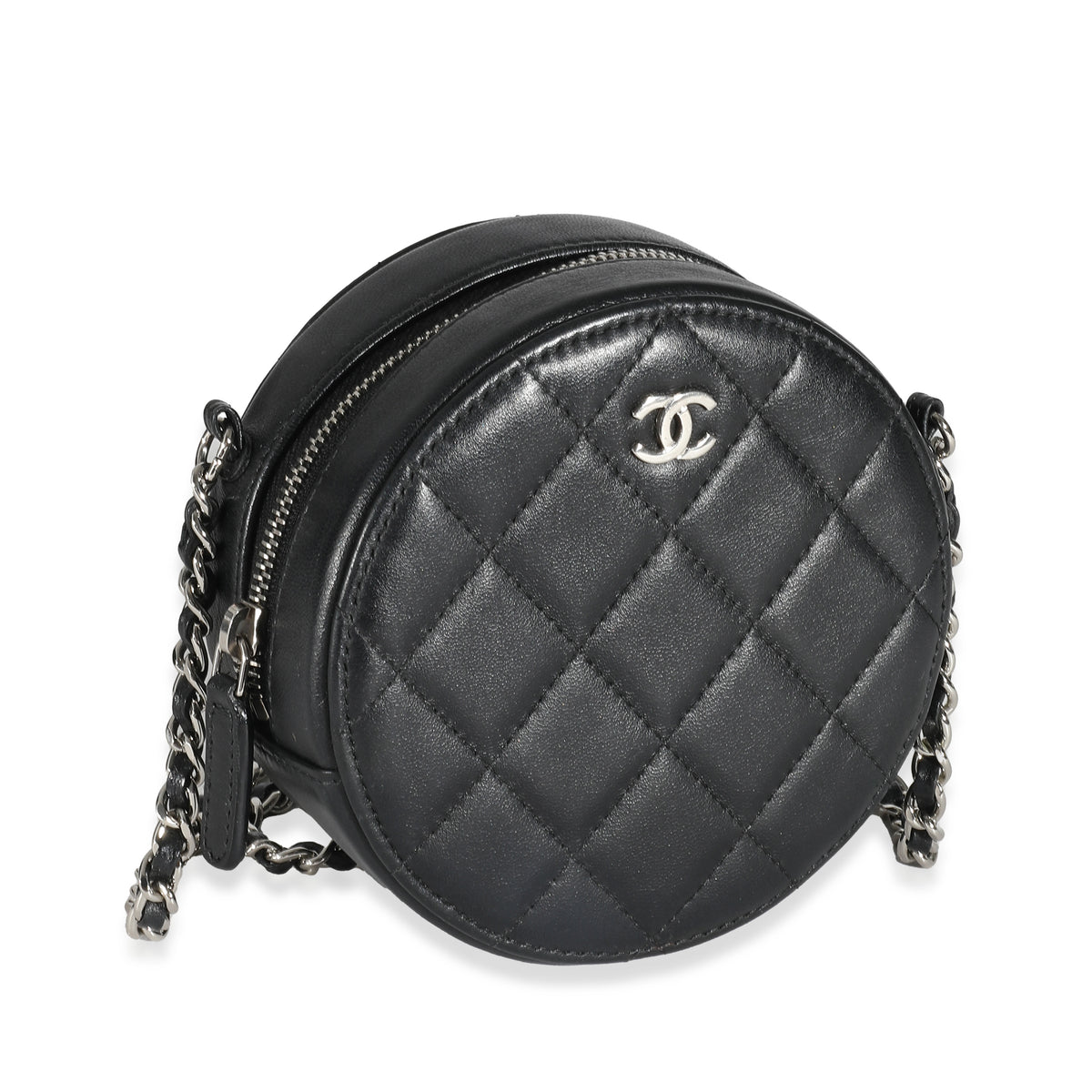 Chanel Black Quilted Lambskin Round Clutch On Chain