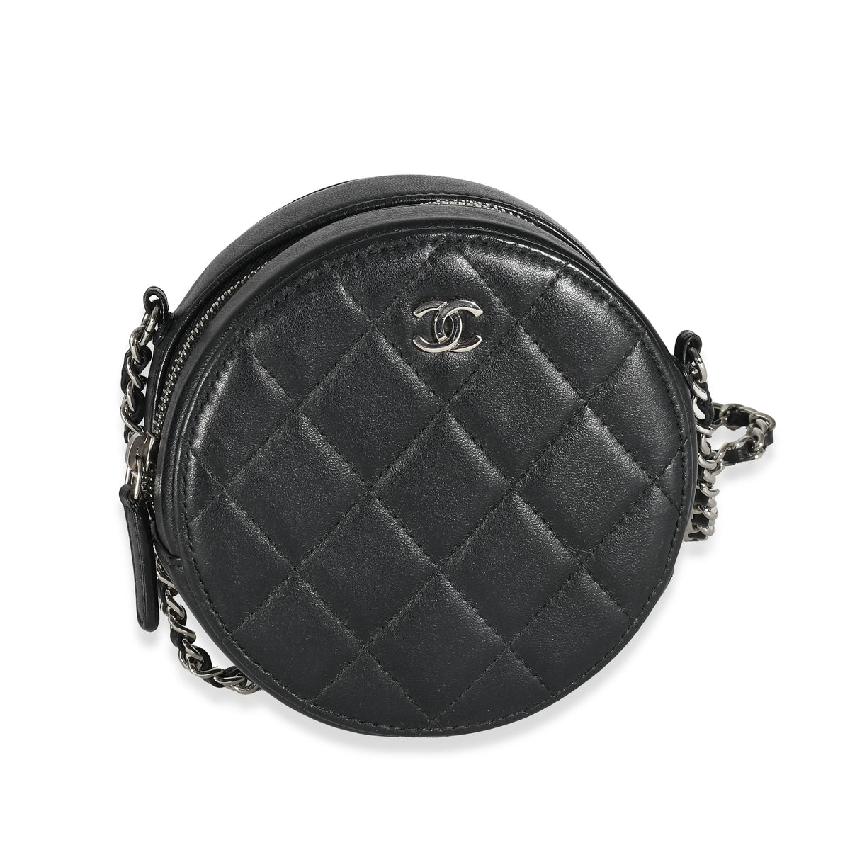 Chanel Black Quilted Lambskin Round Clutch On Chain