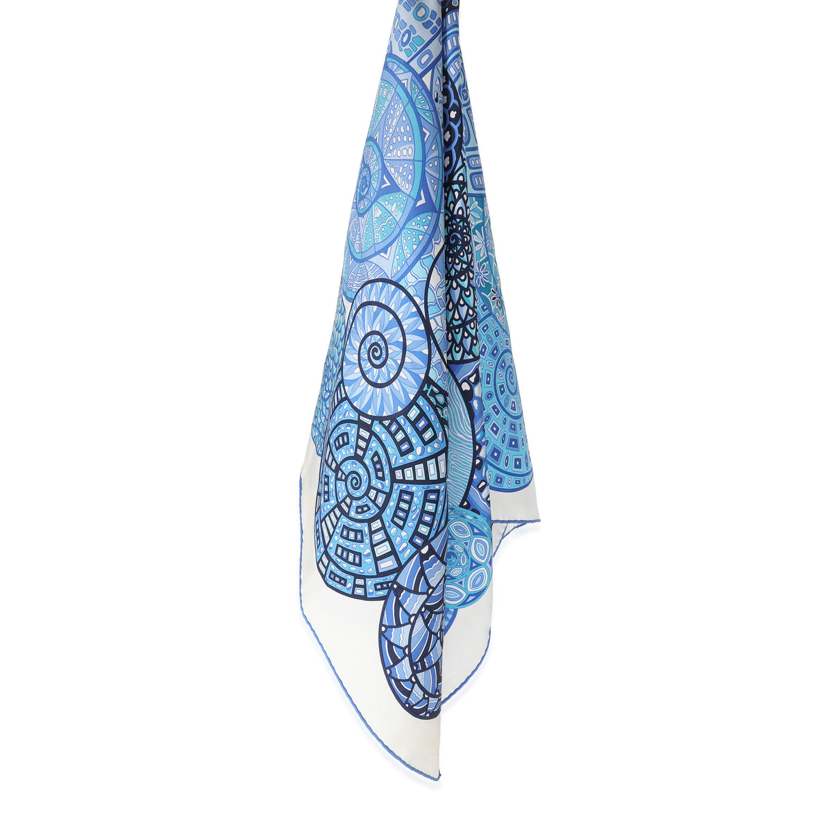 Hermès White Blue Silk Reves dEscargots Silk Scarf 90