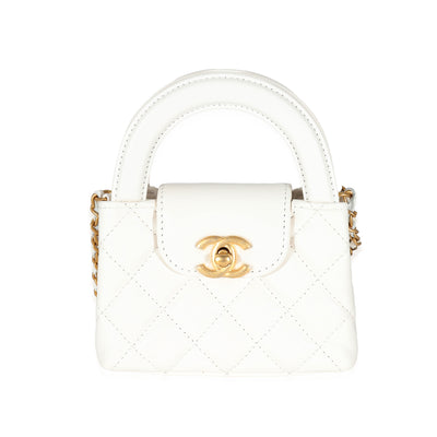 Chanel White Quilted Shiny Aged Calfskin Mini Nano Kelly Shopper