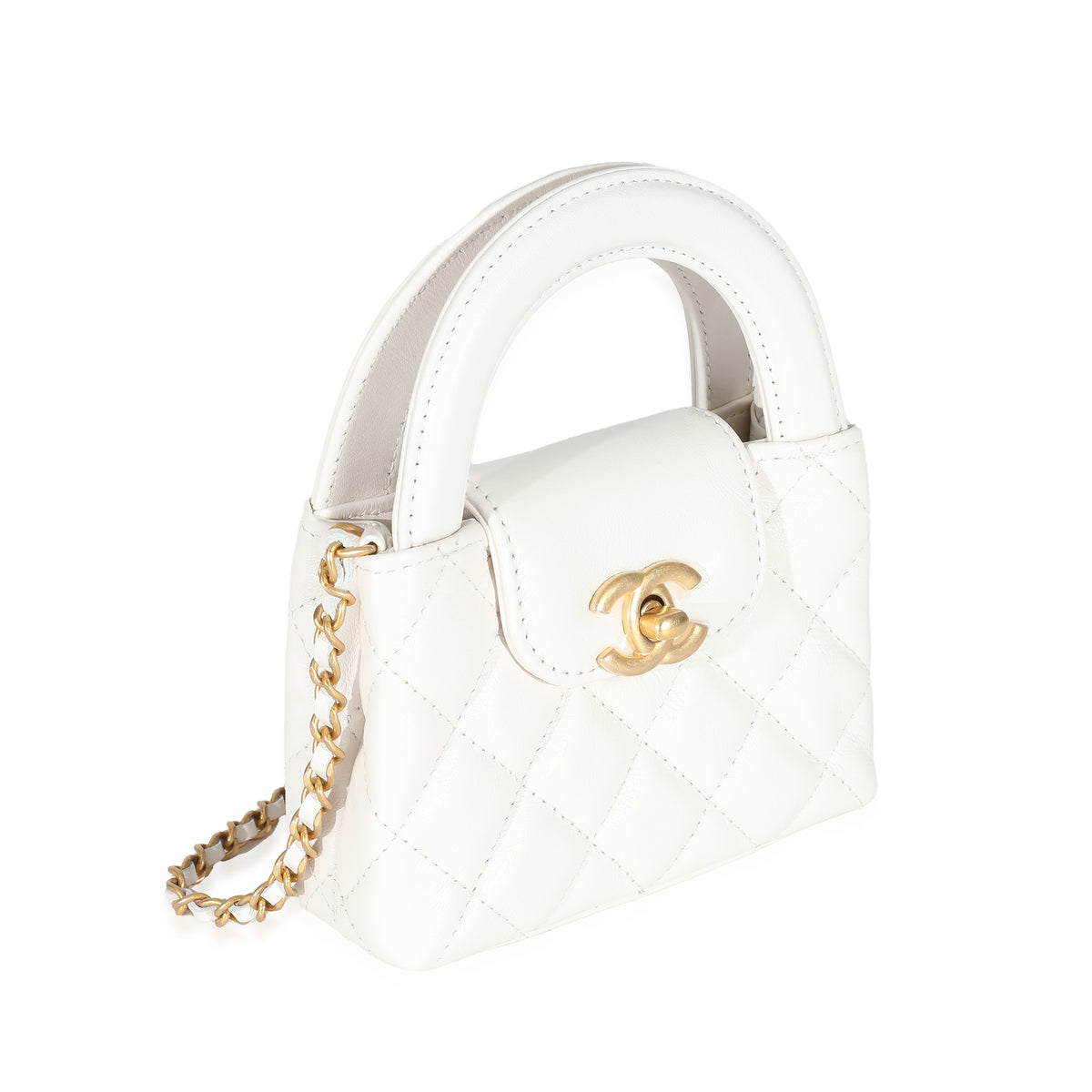 Chanel White Quilted Shiny Aged Calfskin Mini Nano Kelly Shopper