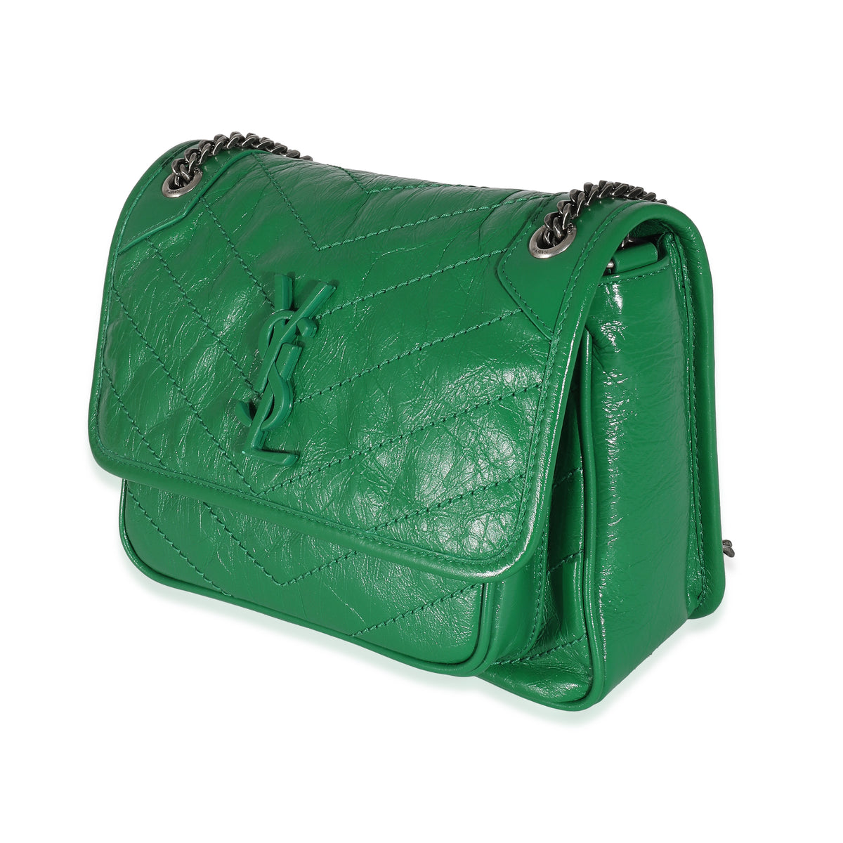 Saint Laurent Green Matelassé Crinkled Lambskin Baby Niki Chain Bag