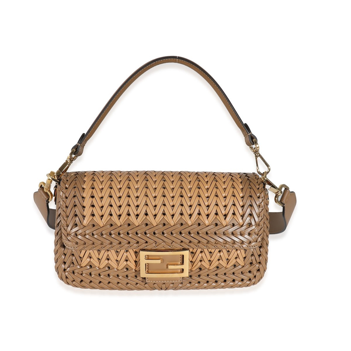 Fendi Sand and Brown Leather Interlaced Baguette