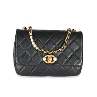 Chanel Black Glazed Quilted Calfskin Pearl Side Small Flap Bag