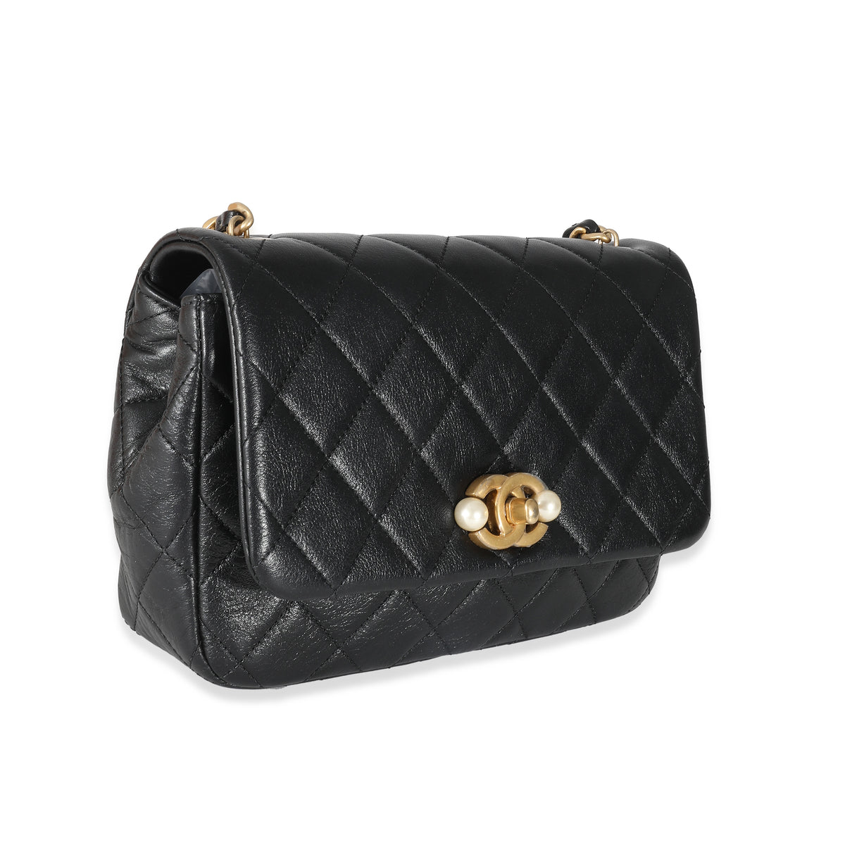 Chanel Black Glazed Quilted Calfskin Pearl Side Small Flap Bag