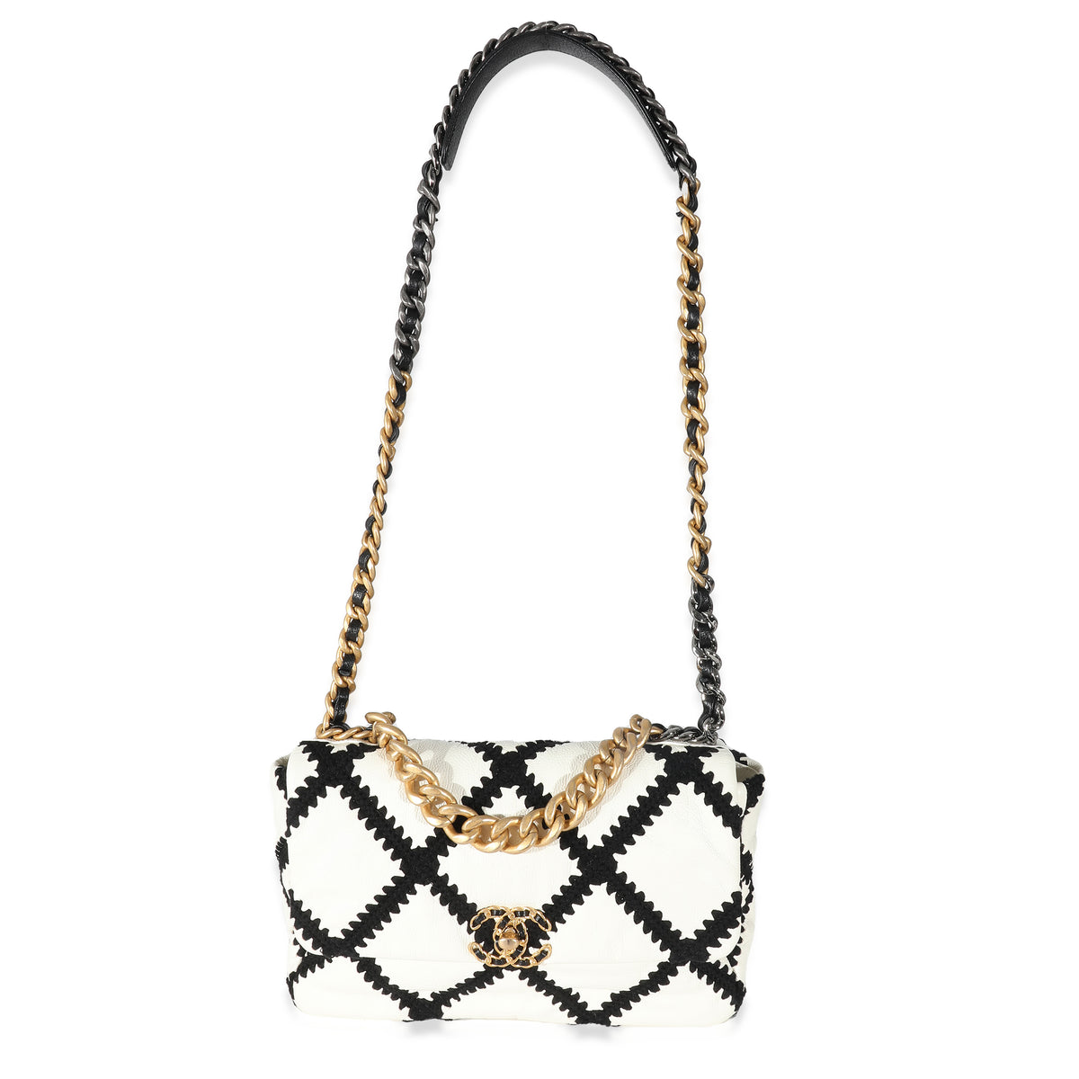 Chanel Black Crochet Quilted White Calfskin Medium Chanel 19 Flap Bag