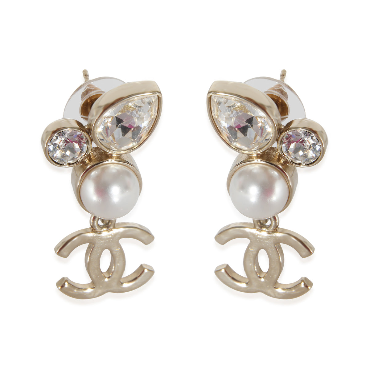 Chanel 2022 Gold Tone Faux Pearls & Crystals Earrings