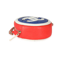 Chanel Blue White Red Caviar CC Filigree Round Clutch With Chain