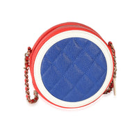 Chanel Blue White Red Caviar CC Filigree Round Clutch With Chain