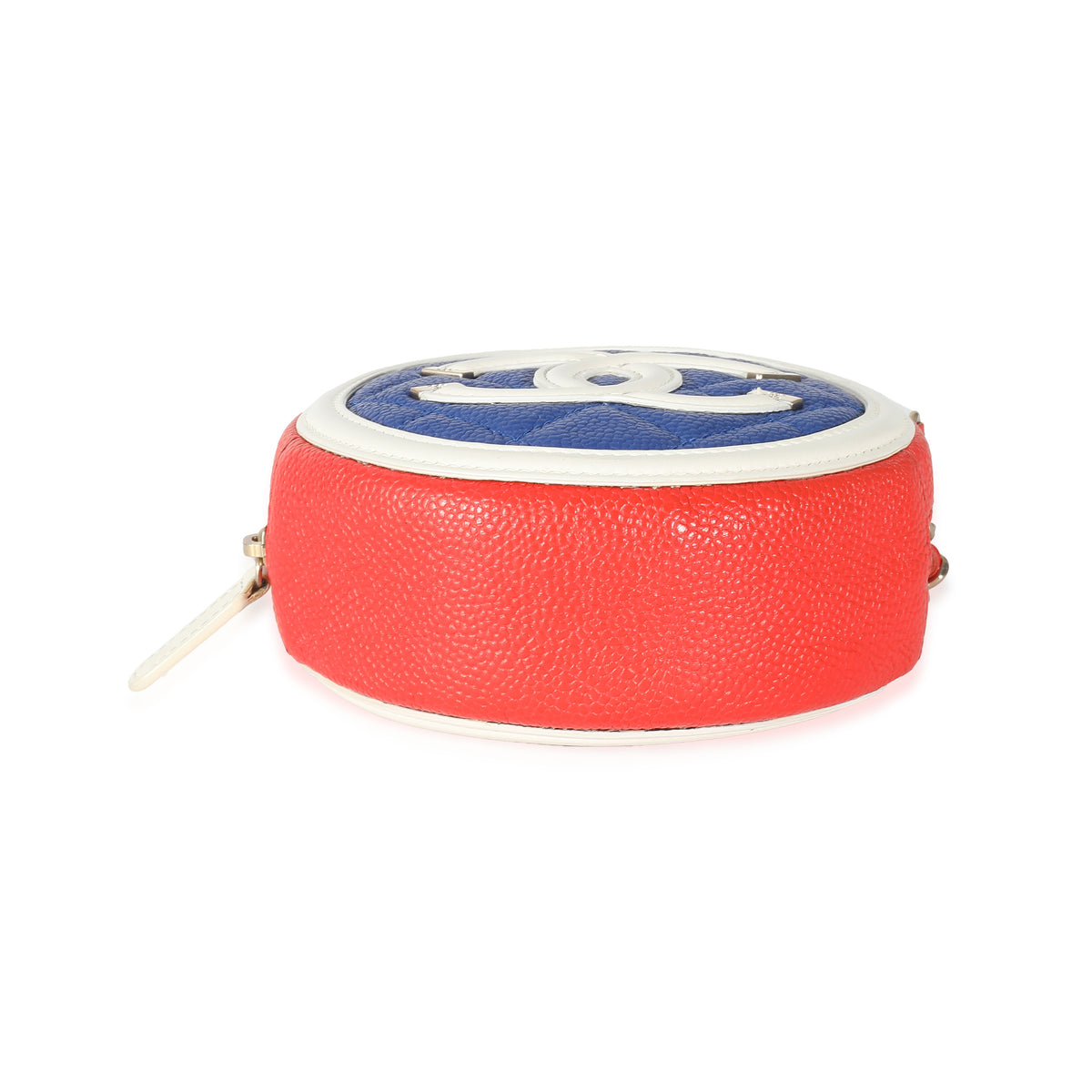 Chanel Blue White Red Caviar CC Filigree Round Clutch With Chain