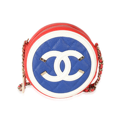 Chanel Blue White Red Caviar CC Filigree Round Clutch With Chain