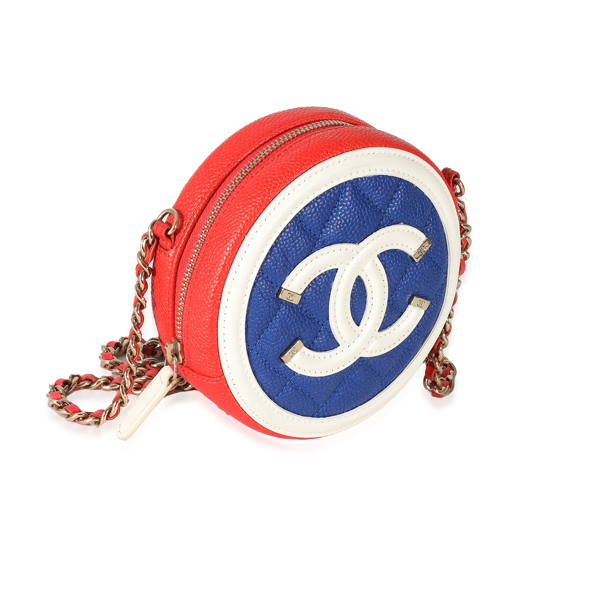 Chanel Blue White Red Caviar CC Filigree Round Clutch With Chain