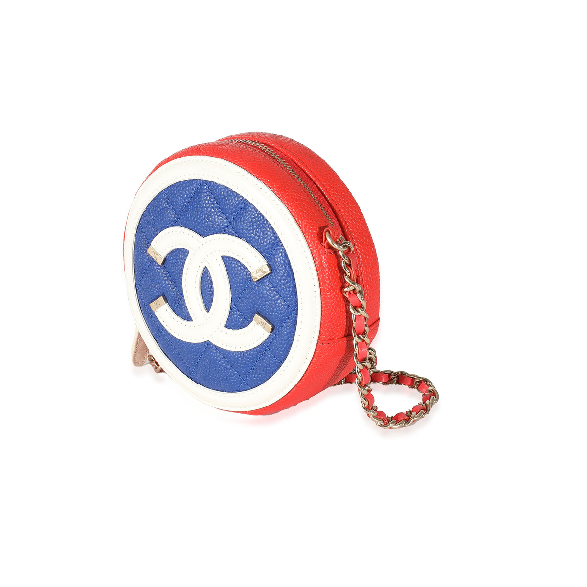 Chanel Blue White Red Caviar CC Filigree Round Clutch With Chain